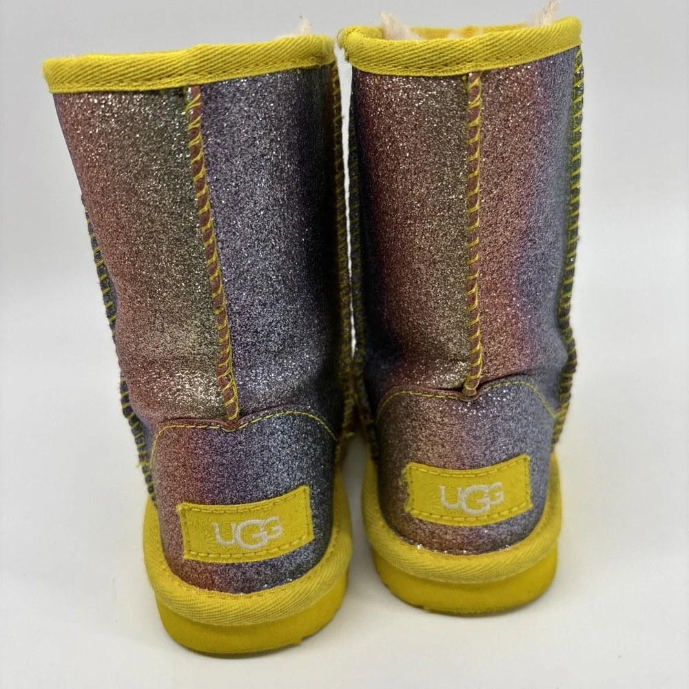 UGG Little Girl 10 Rainbow Glitter Yellow Trim Classic Short Shearling Fur Lined